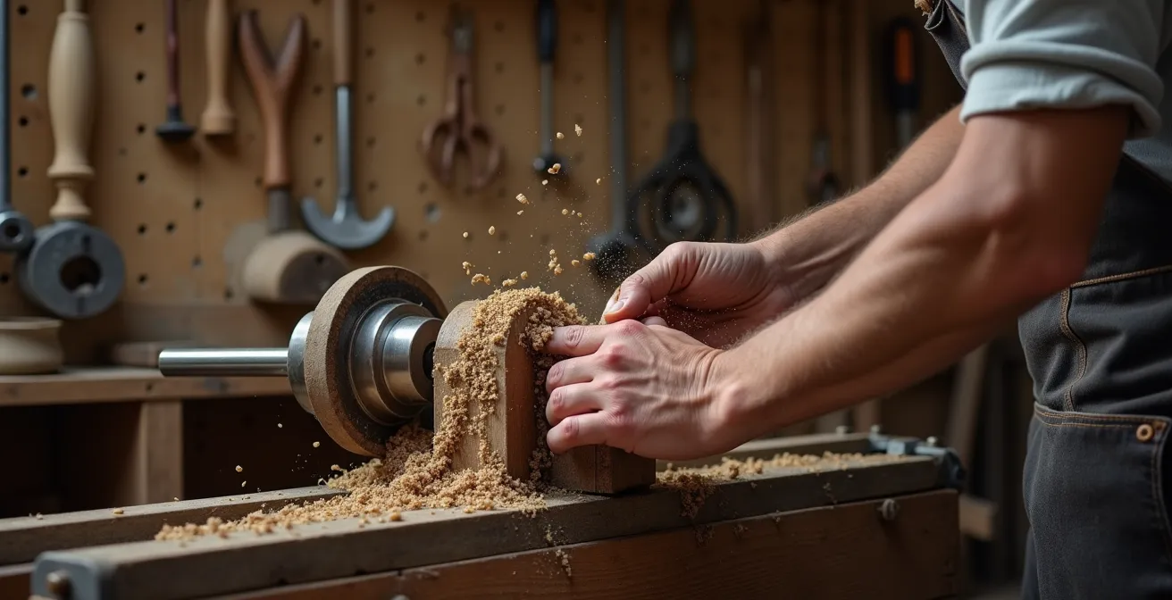 Vue d'ensemble d'un atelier de tournage sur bois traditionnel dans les Alpes