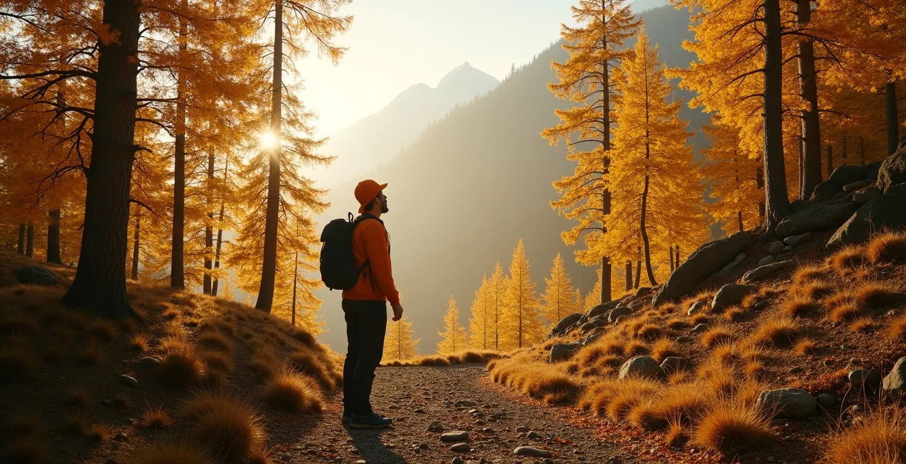 Forêt de mélèzes dorés en automne avec brume matinale dans une vallée alpine
