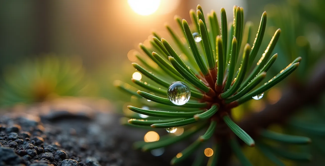 Rayons de lumière filtrant à travers une forêt dense de conifères alpins créant une atmosphère vaporeuse