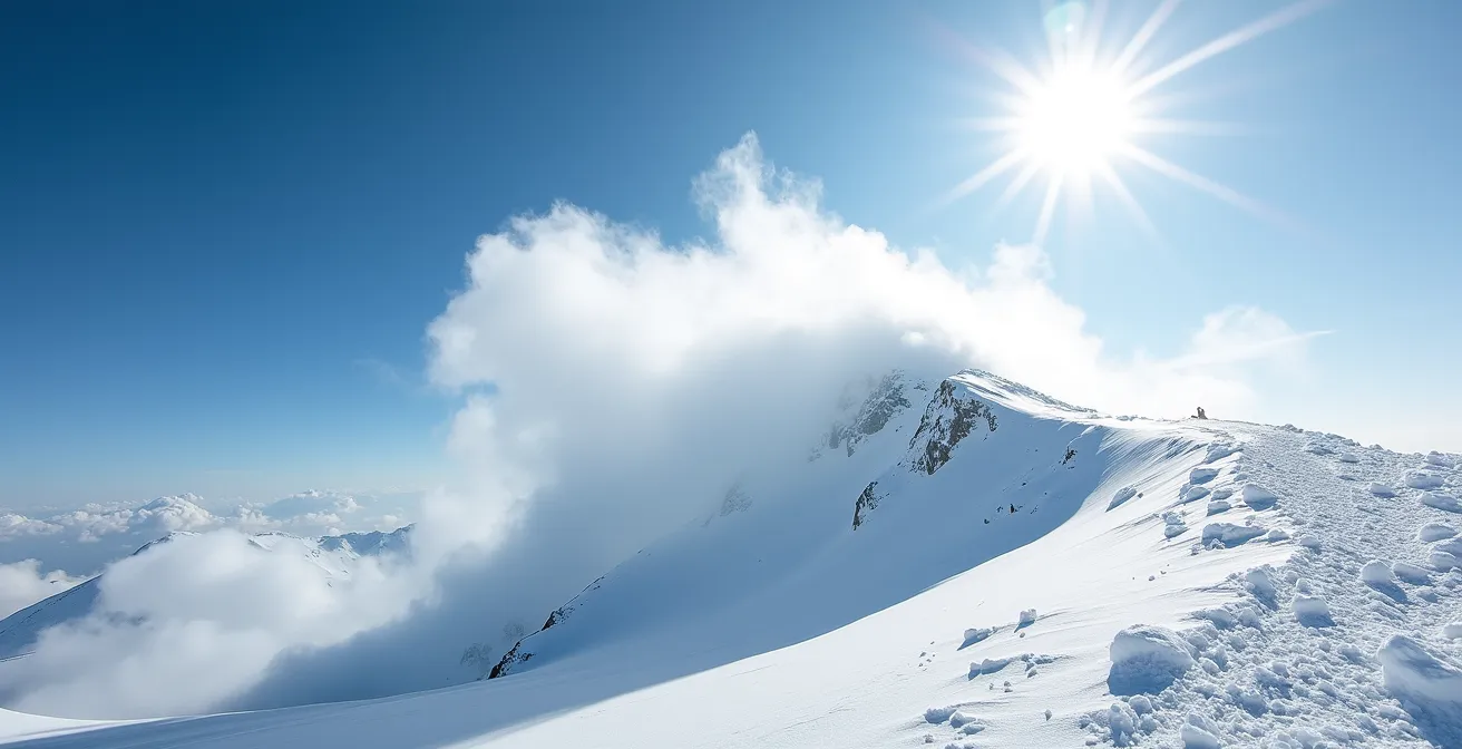 Bannière de neige soufflée par le vent sur une crête glaciaire à haute altitude