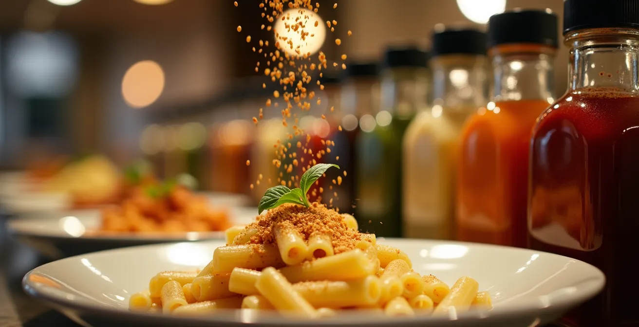 Plateau de buffet d'hôtel avec des épices et condiments personnels ajoutés aux plats