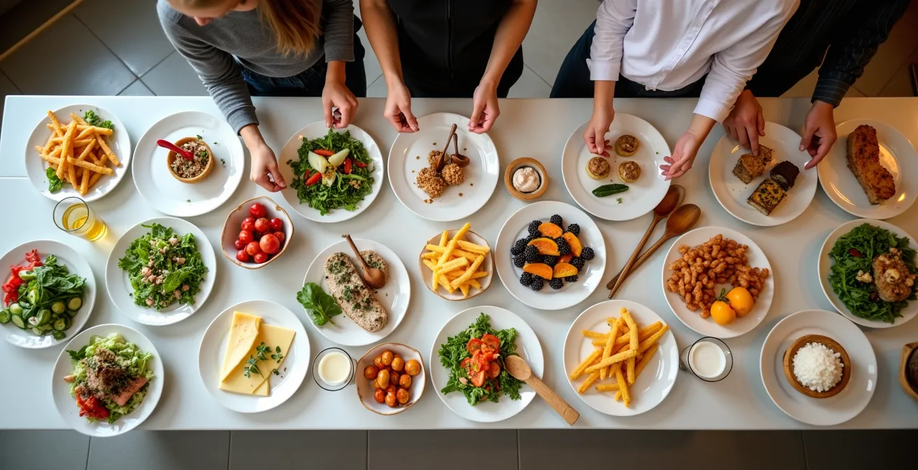 Vue en plongée d'un buffet de station de ski avec des plats variés et colorés, une famille se servant avec modération