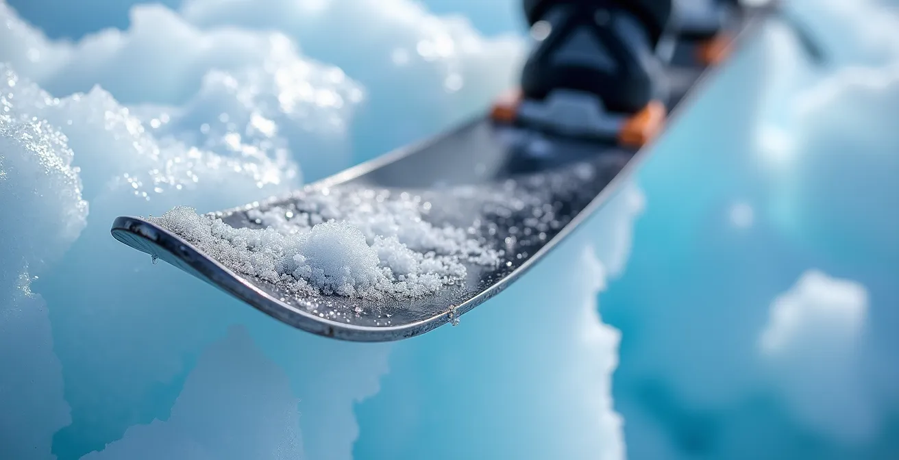 Détail macro des carres de ski mordant dans la glace bleue glaciaire
