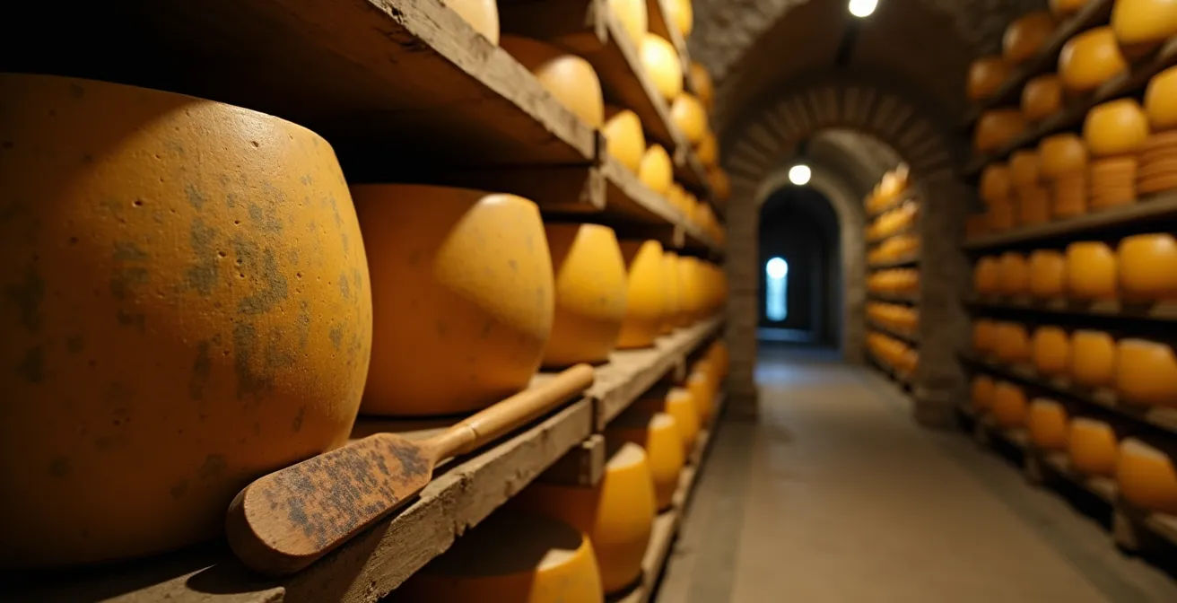 Cave d'affinage traditionnelle avec meules de Comté sur planches d'épicéa