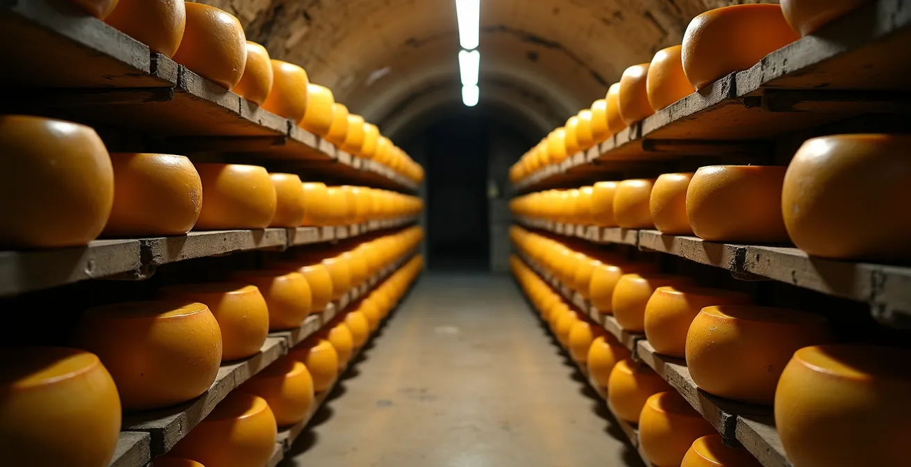 Cave d'affinage traditionnelle avec des centaines de meules de fromage sur des étagères en épicéa