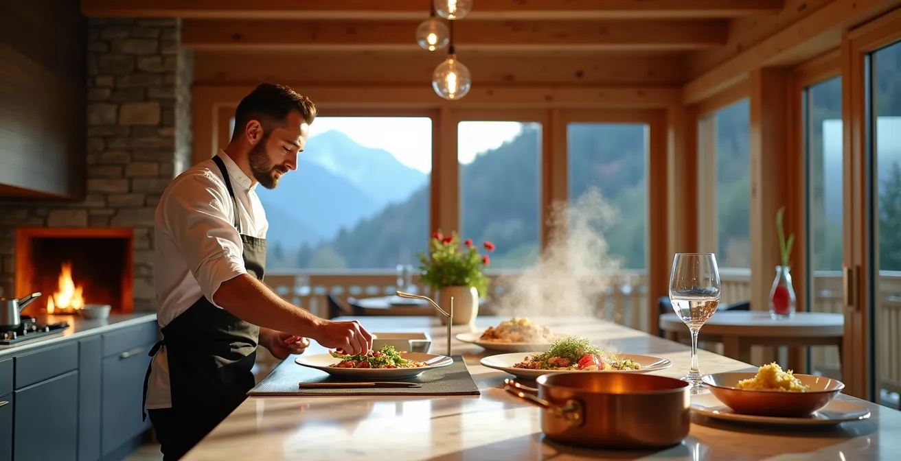 Intérieur chaleureux d'un chalet de luxe avec cuisine ouverte où travaille un chef privé