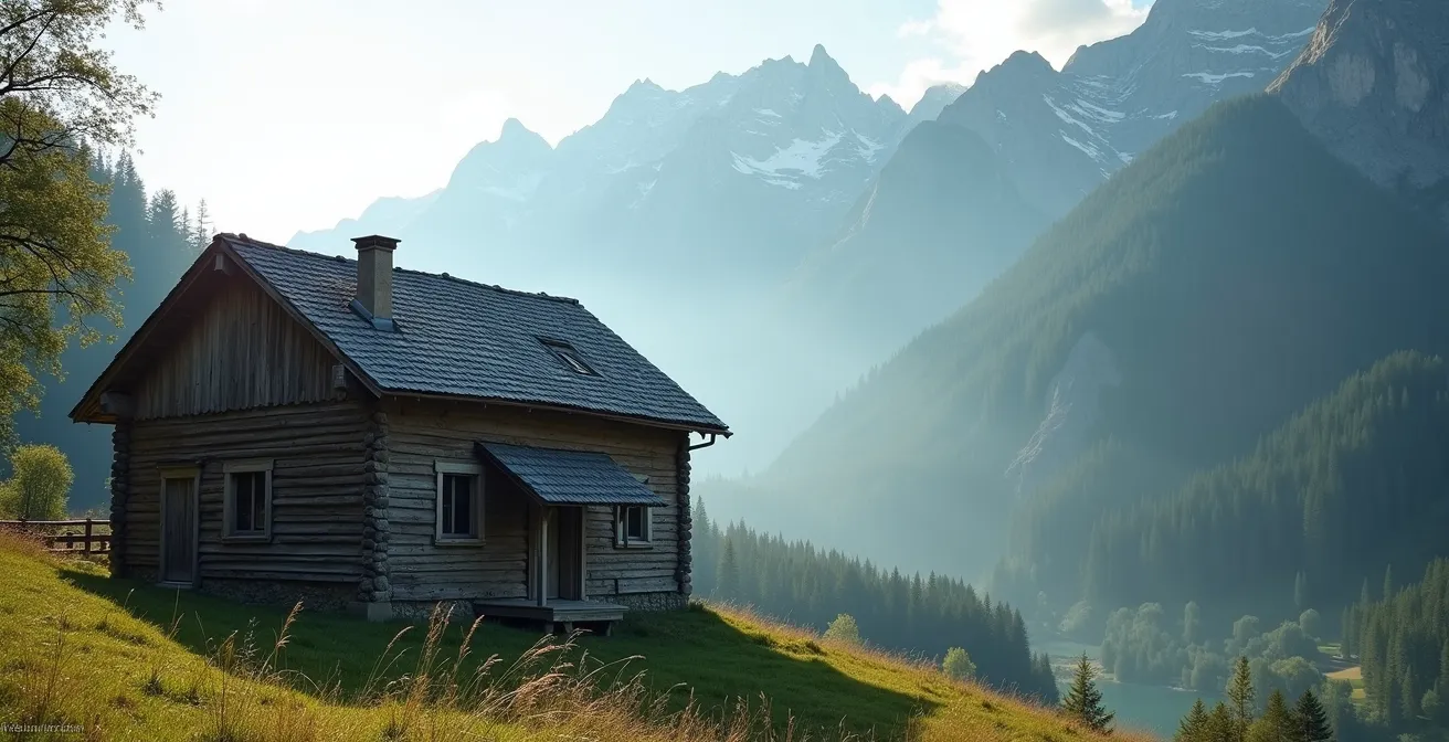 Chalet traditionnel avec toiture en tavaillons dans un paysage alpin