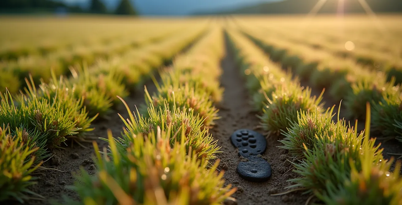 Vue macro détaillée de foin fraîchement coupé avec empreintes de pas visibles perturbant les rangées ordonnées