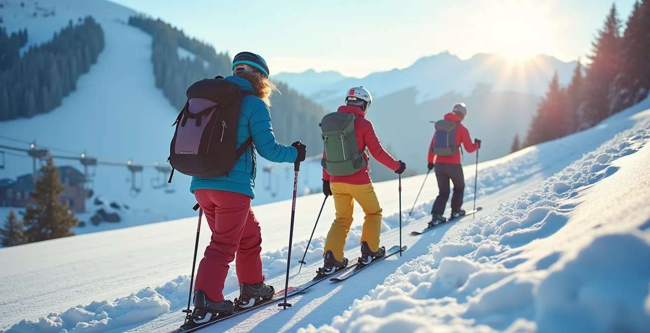Chemin d'accès enneigé menant aux pistes de ski avec indication visuelle du dénivelé
