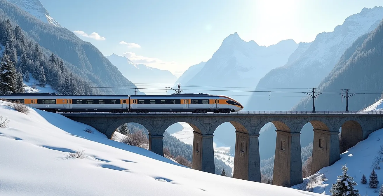 Composition symbolique montrant un train électrique moderne traversant un paysage alpin avec des montagnes enneigées en arrière-plan