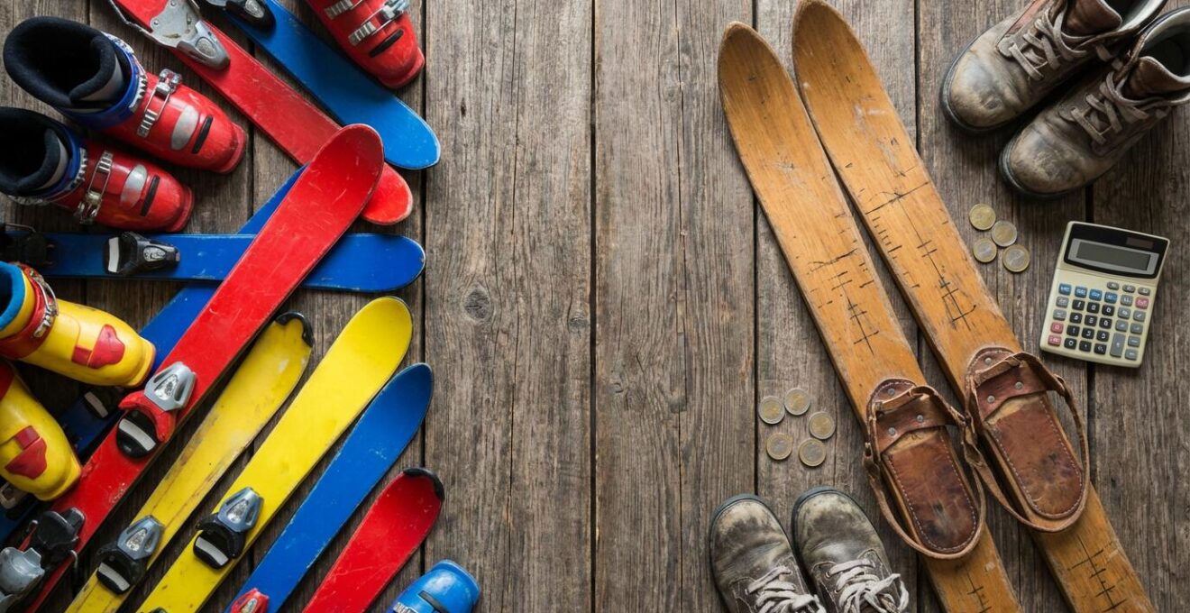 Matériel de ski pour enfants disposé sur une table en bois avec calculatrice et graphique de comparaison des coûts