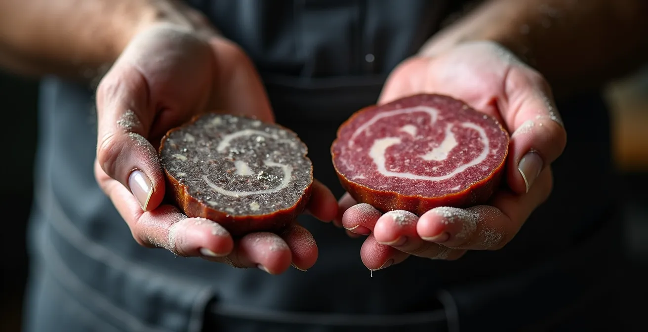 Comparaison visuelle entre saucisson gris naturel et rose aux nitrites