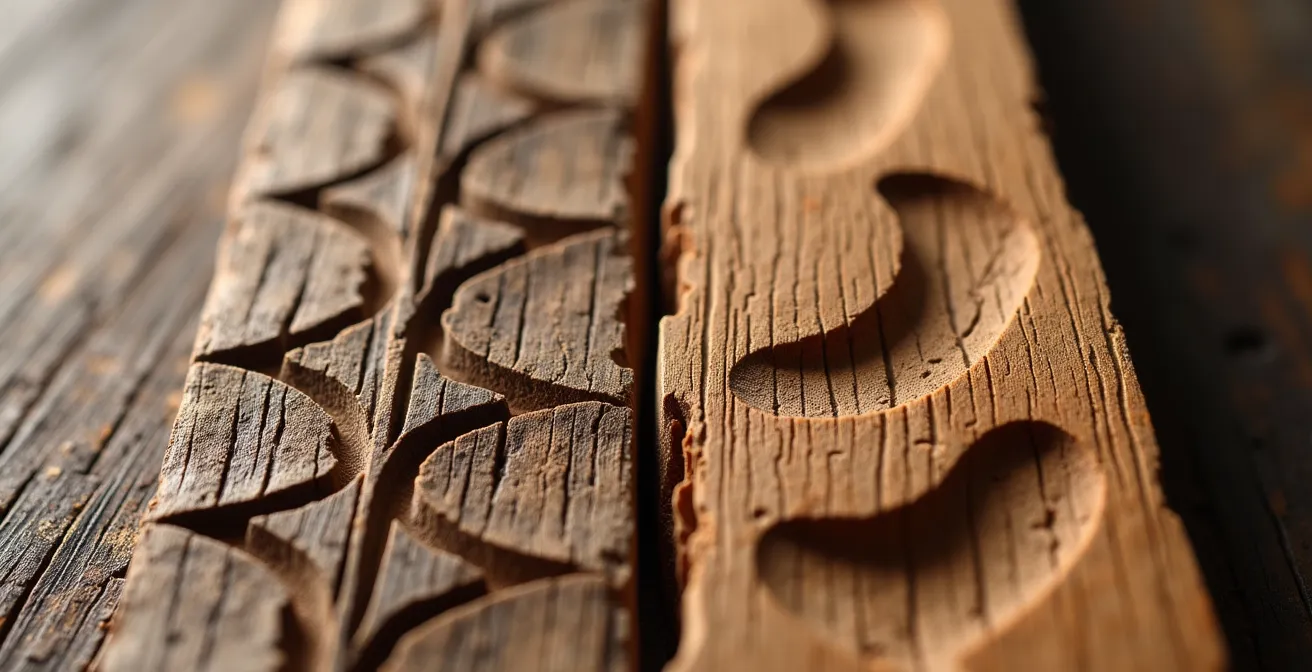 Comparaison détaillée des marques laissées par différents outils de sculpture sur bois de mélèze