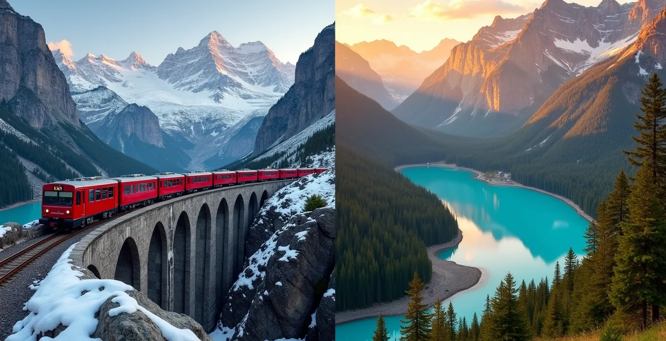 Composition en diptyque montrant les trains Glacier Express et Bernina Express dans leurs paysages respectifs