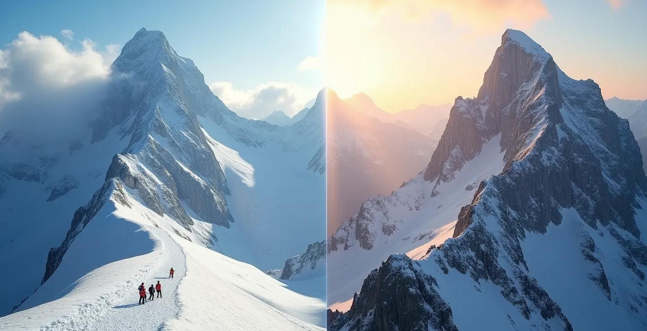 Vue aérienne comparative des deux sommets avec leurs voies normales tracées