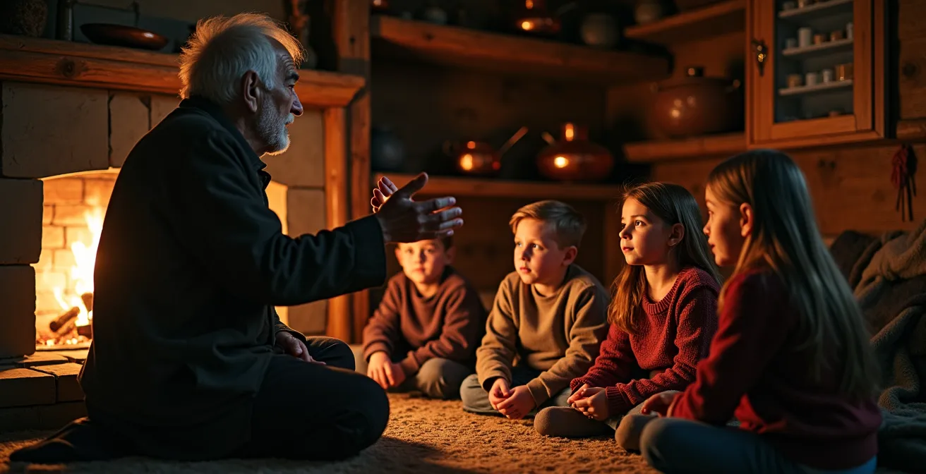 Scène nocturne intimiste d'une veillée traditionnelle avec conteur racontant des histoires aux enfants près du feu