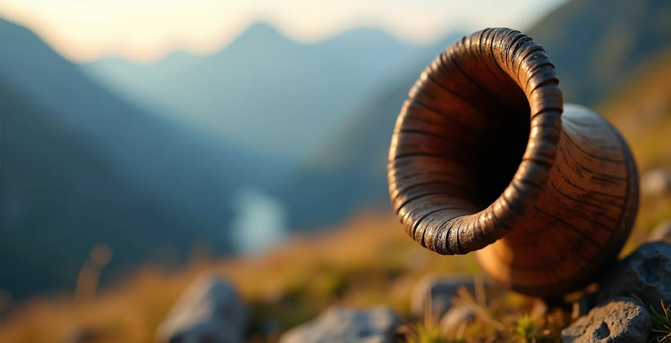 Vue macro détaillée de l'embouchure d'un cor des Alpes avec texture du bois visible
