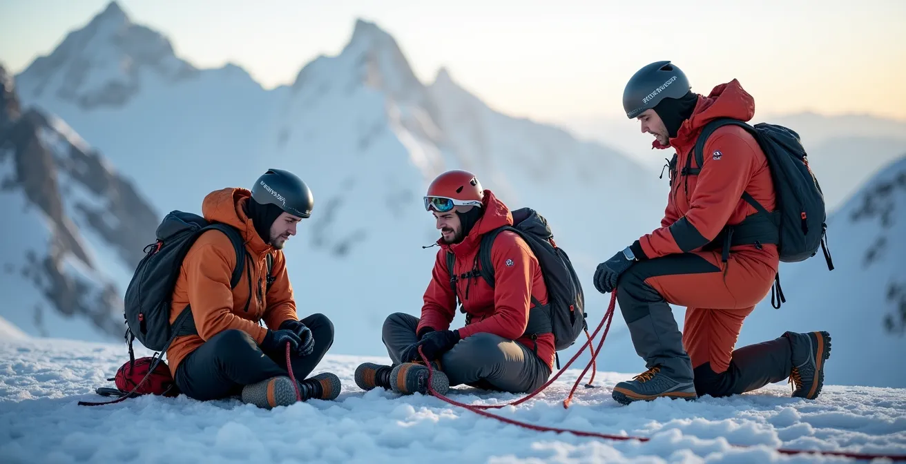 Trois alpinistes encordés en discussion lors d'une pause sur glacier