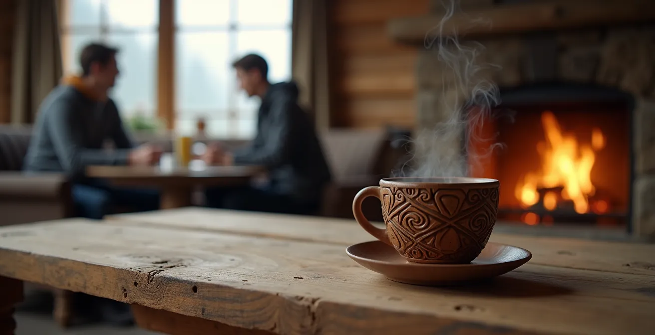 Coupe de l'amitié traditionnelle en bois sculptée posée sur une table alpine