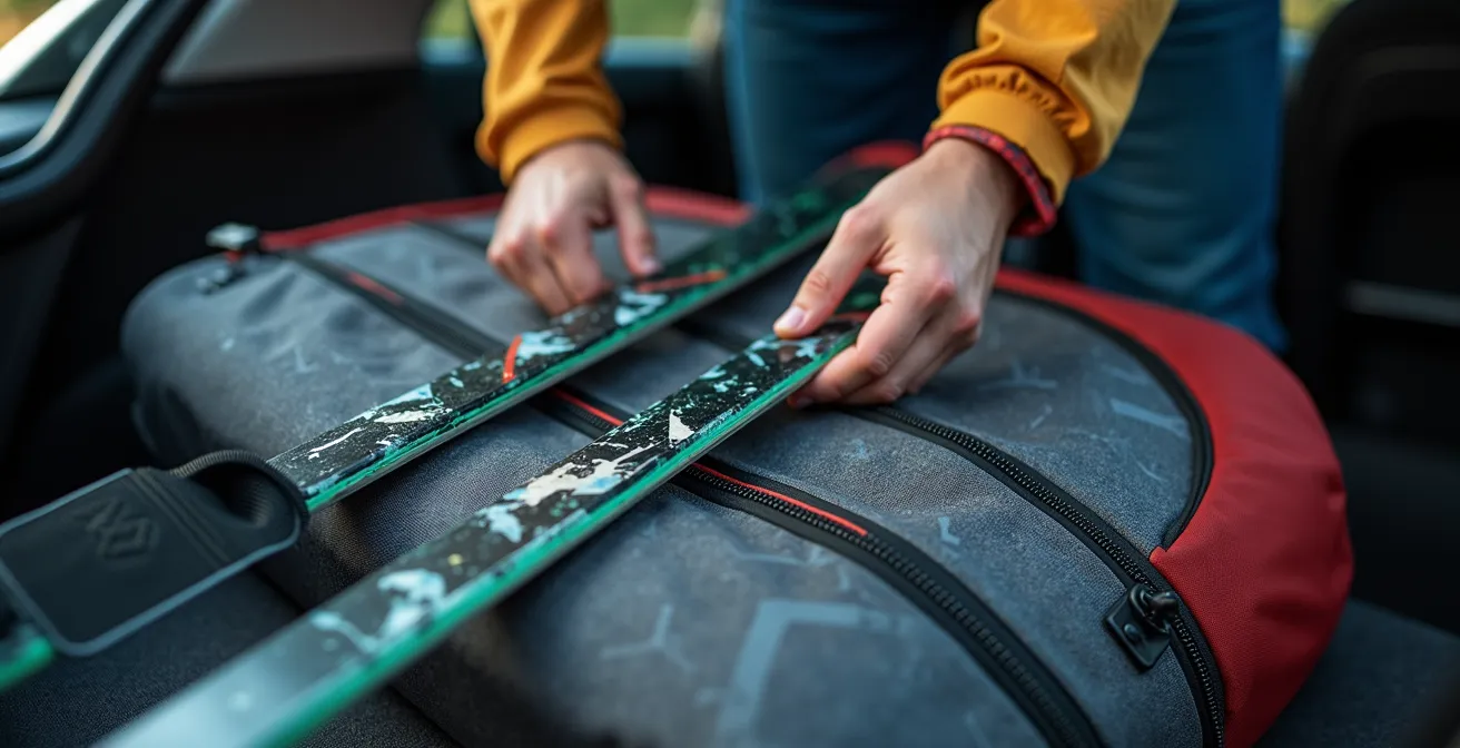 Gros plan sur des mains emballant soigneusement des skis dans une housse de transport compacte près d'un coffre de voiture