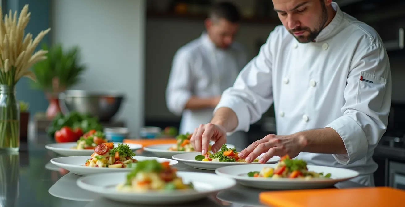 Chef d'hôtel préparant des plats adaptés aux régimes spéciaux dans une cuisine professionnelle