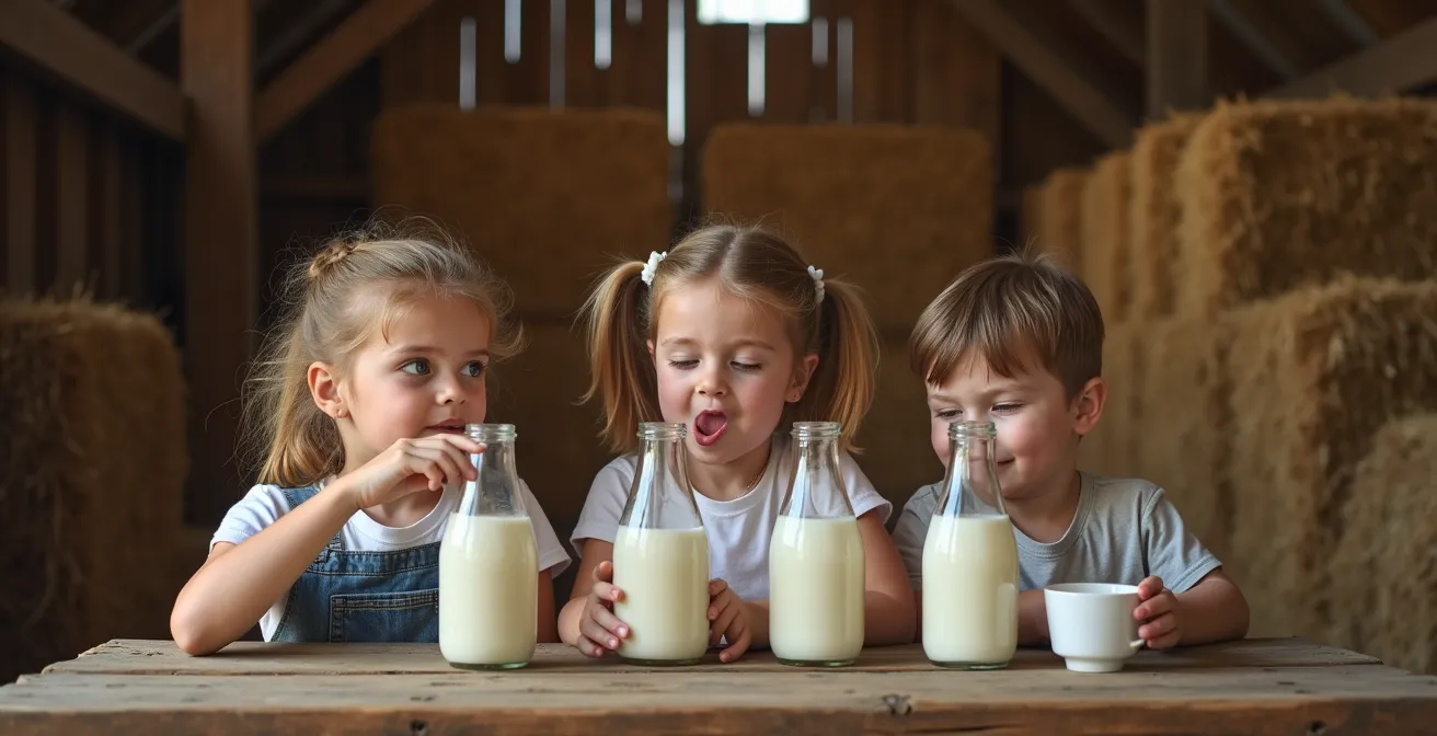 Enfants dégustant du lait frais directement à la ferme