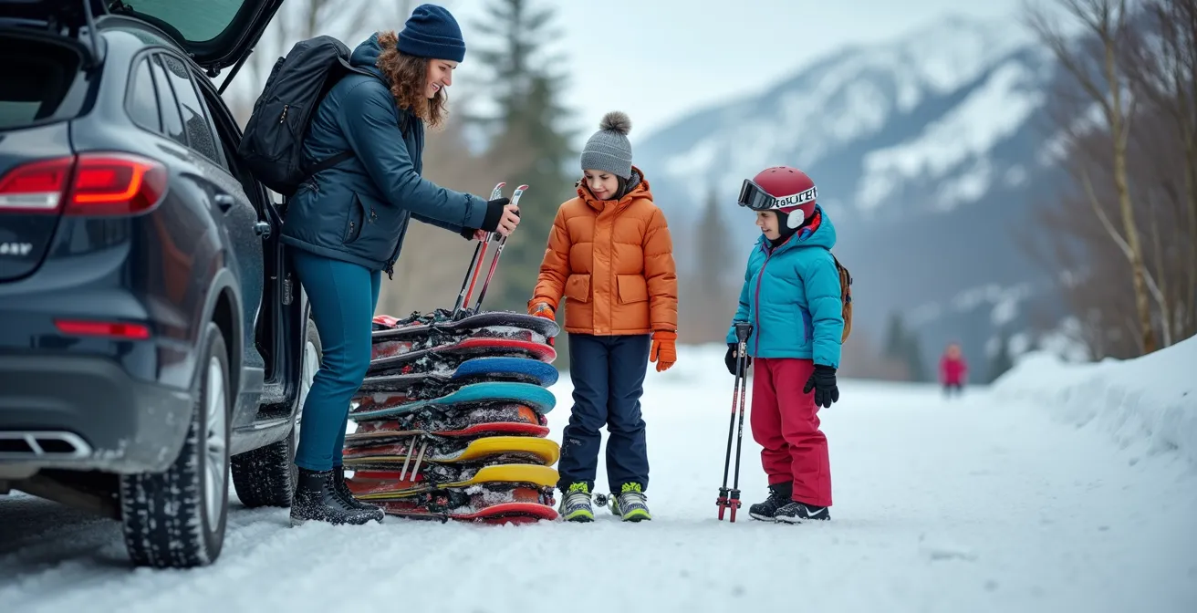 Organisation familiale au dépose-minute d'une station de ski
