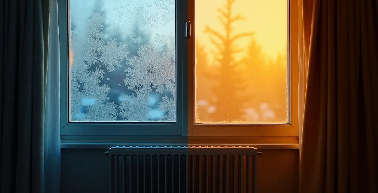 Vue thermographique stylisée d'une chambre d'hôtel révélant les fuites de chaleur