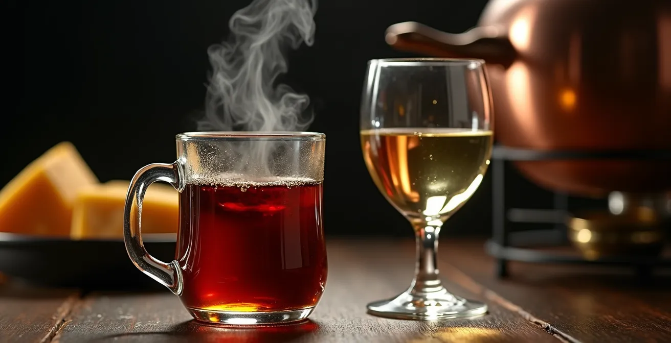 Verres de thé noir et de vin blanc disposés près d'un caquelon de fondue, illustrant les choix de boissons