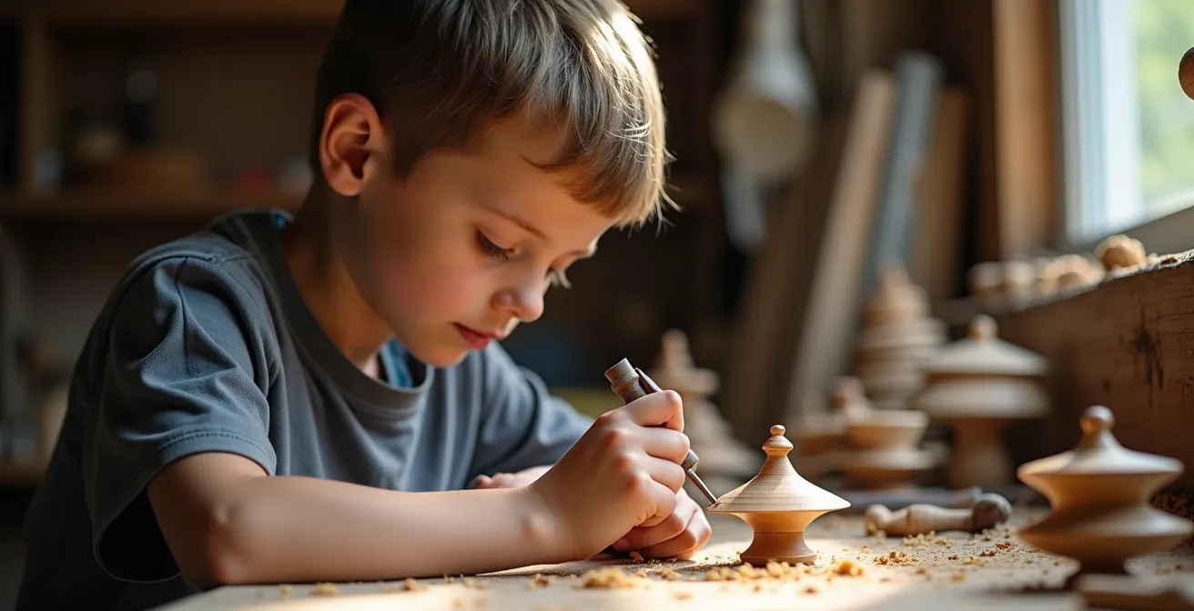Enfant concentré travaillant le bois avec des outils sécurisés dans un atelier lumineux