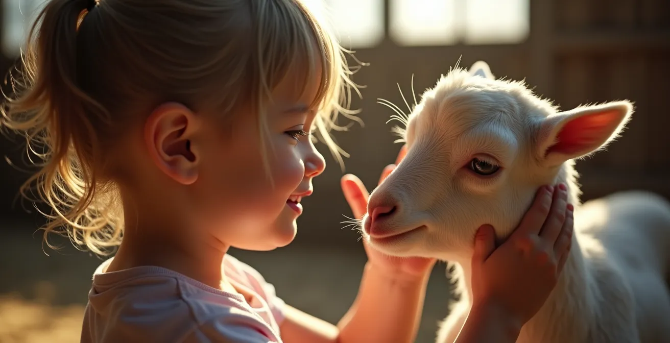 Enfant caressant doucement une petite chèvre dans une ferme pédagogique