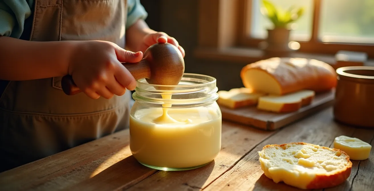 Enfant barattant de la crème pour faire du beurre dans un atelier ferme