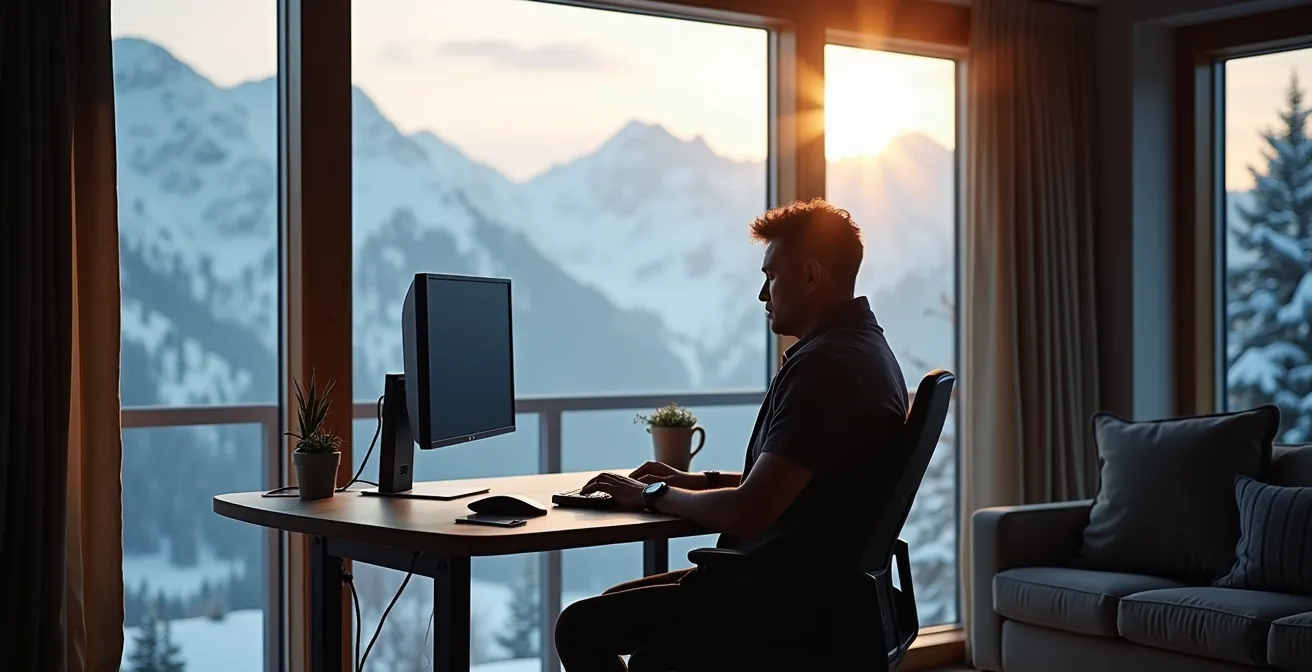 Espace de télétravail lumineux dans un chalet avec vue sur les montagnes