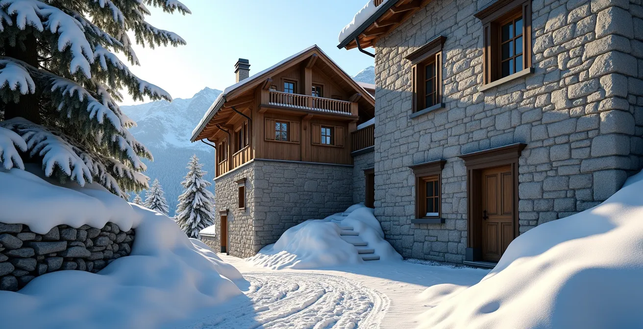 Ferme alpine montrant sa façade nord aveugle et son orientation sud avec grandes ouvertures
