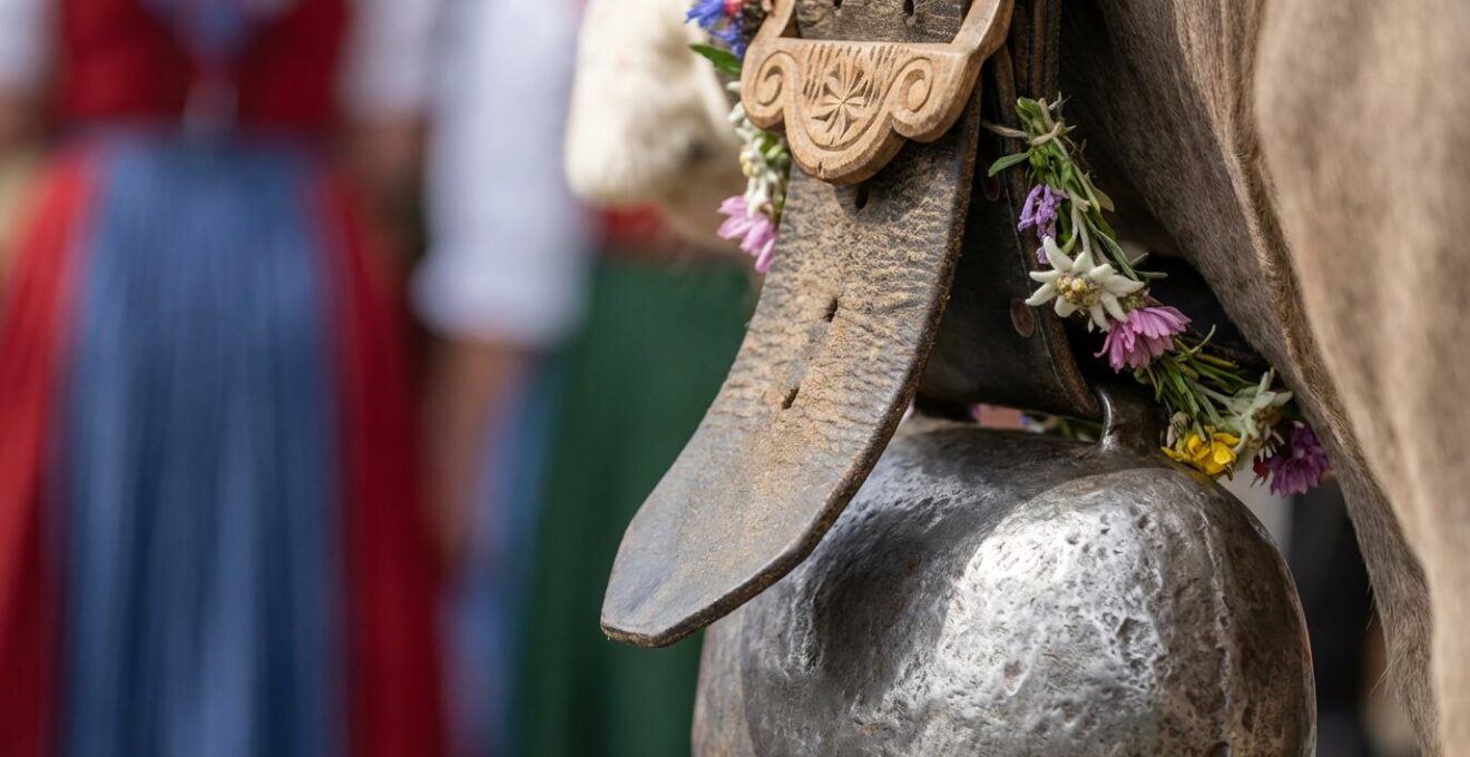Défilé traditionnel du retour des alpages avec troupeaux décorés et habitants en costume