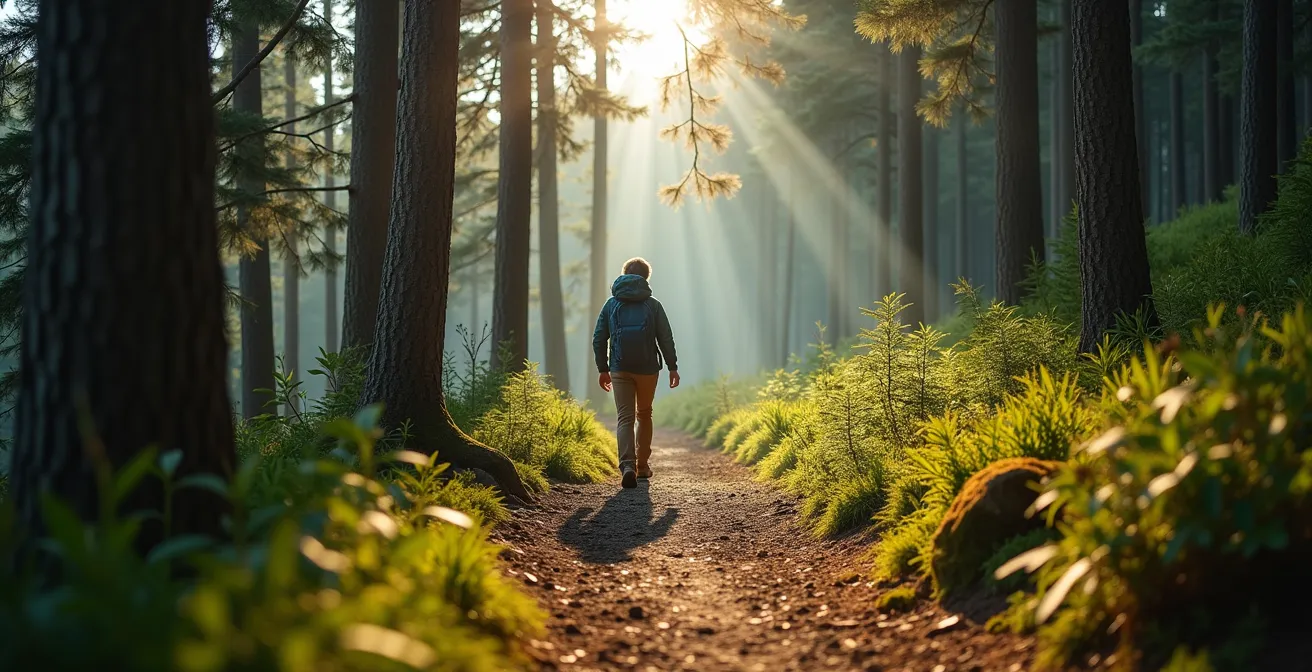 Sentier forestier en montagne avec pins et mélèzes sous lumière filtrée