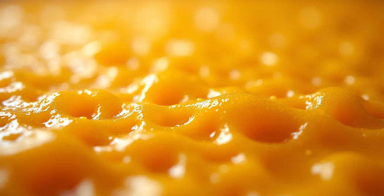 Texture macro du fromage fondu avec vapeur et bulles, évoquant chaleur et réconfort