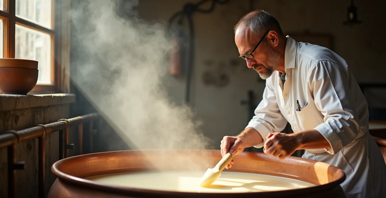 Fromager en blouse blanche travaillant le caillé dans une grande cuve de cuivre traditionnelle