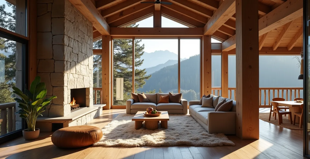 Intérieur de lodge alpin avec poutres en bois massif, cheminée en pierre et mobilier sur mesure