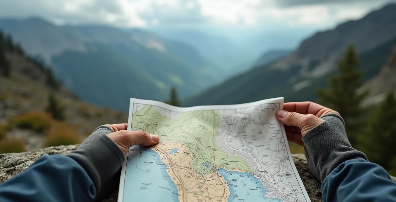 Randonneur consultant un météogramme sur tablette avec vue sur vallée brumeuse en arrière-plan