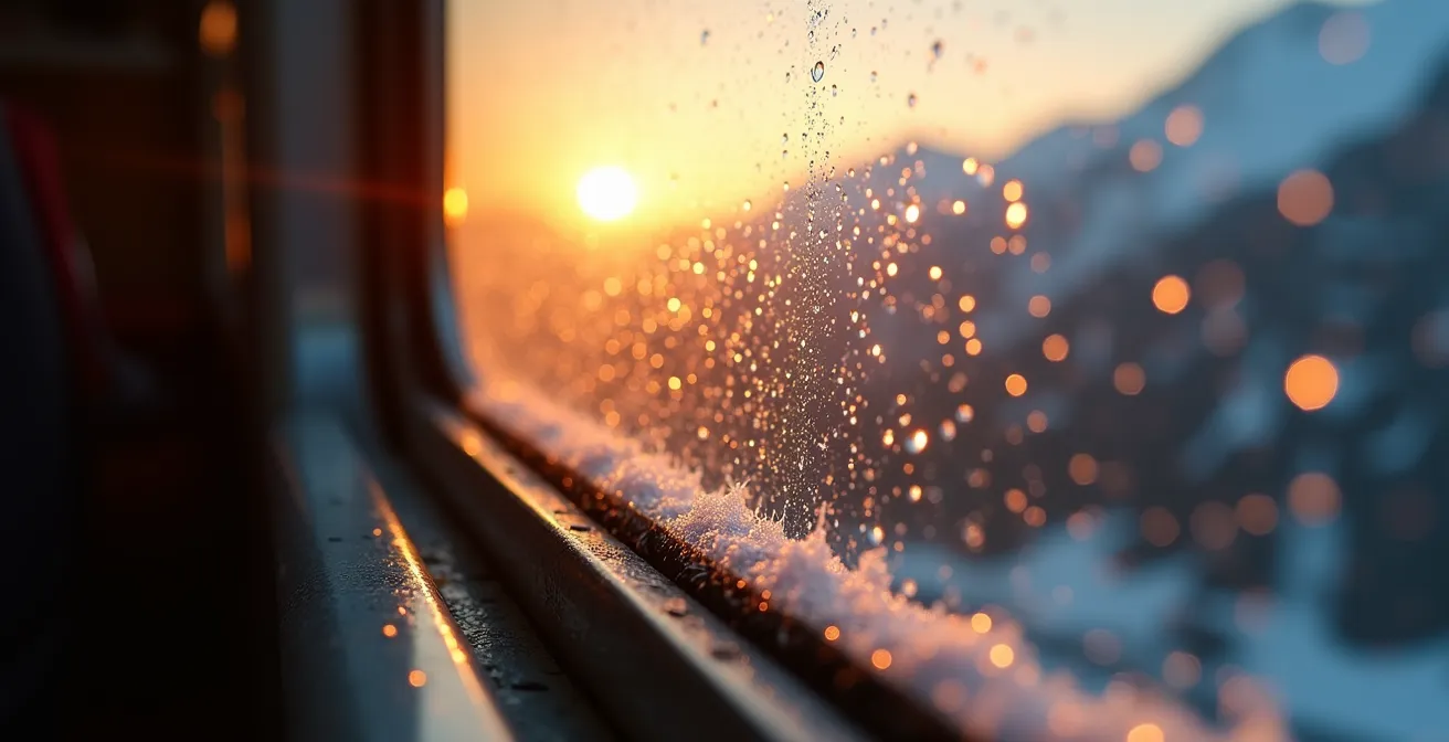 Lever de soleil sur les montagnes depuis la fenêtre d'un compartiment de train de nuit