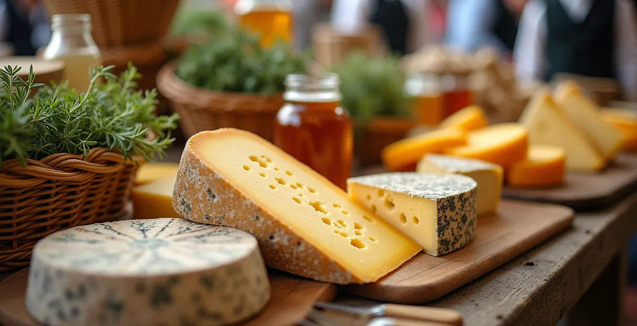Étal de marché alpin avec fromages artisanaux et produits du terroir, vendeur en habits traditionnels