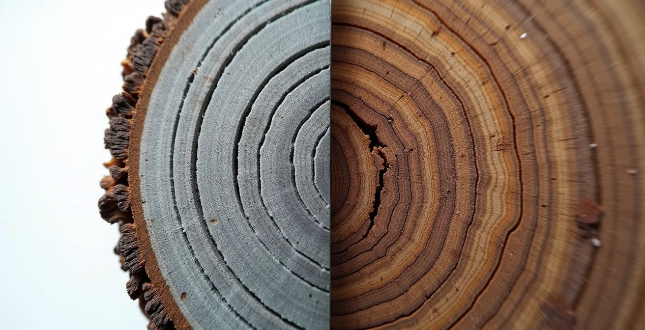 Comparaison visuelle du vieillissement du mélèze et de l'épicéa sur du mobilier d'extérieur après plusieurs années