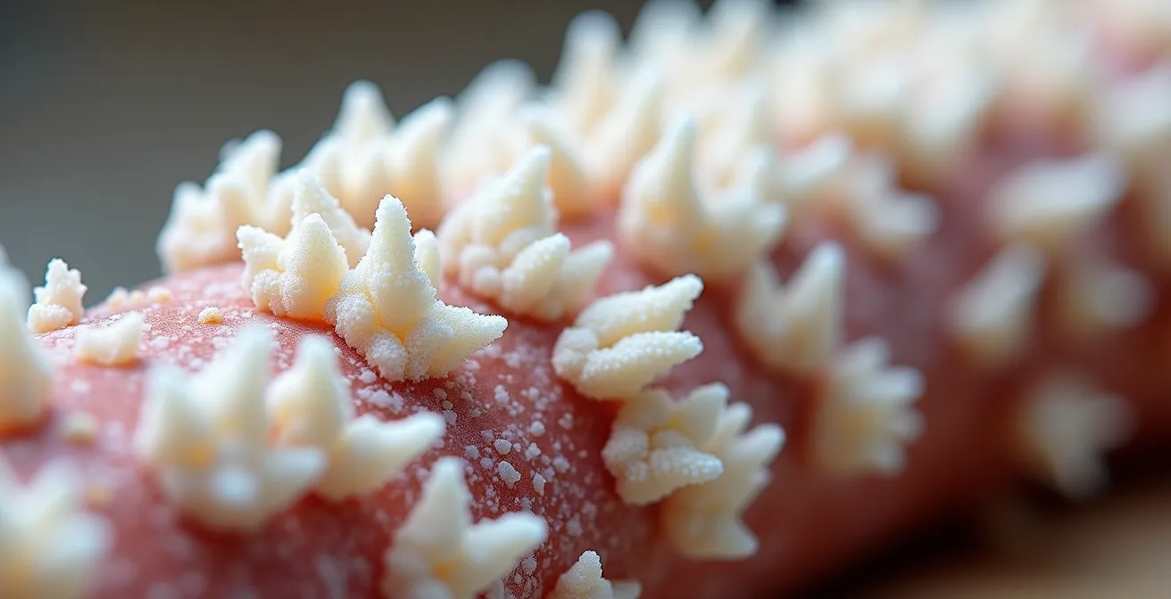 Vue macro de la fleur blanche Penicillium sur la surface d'un saucisson artisanal