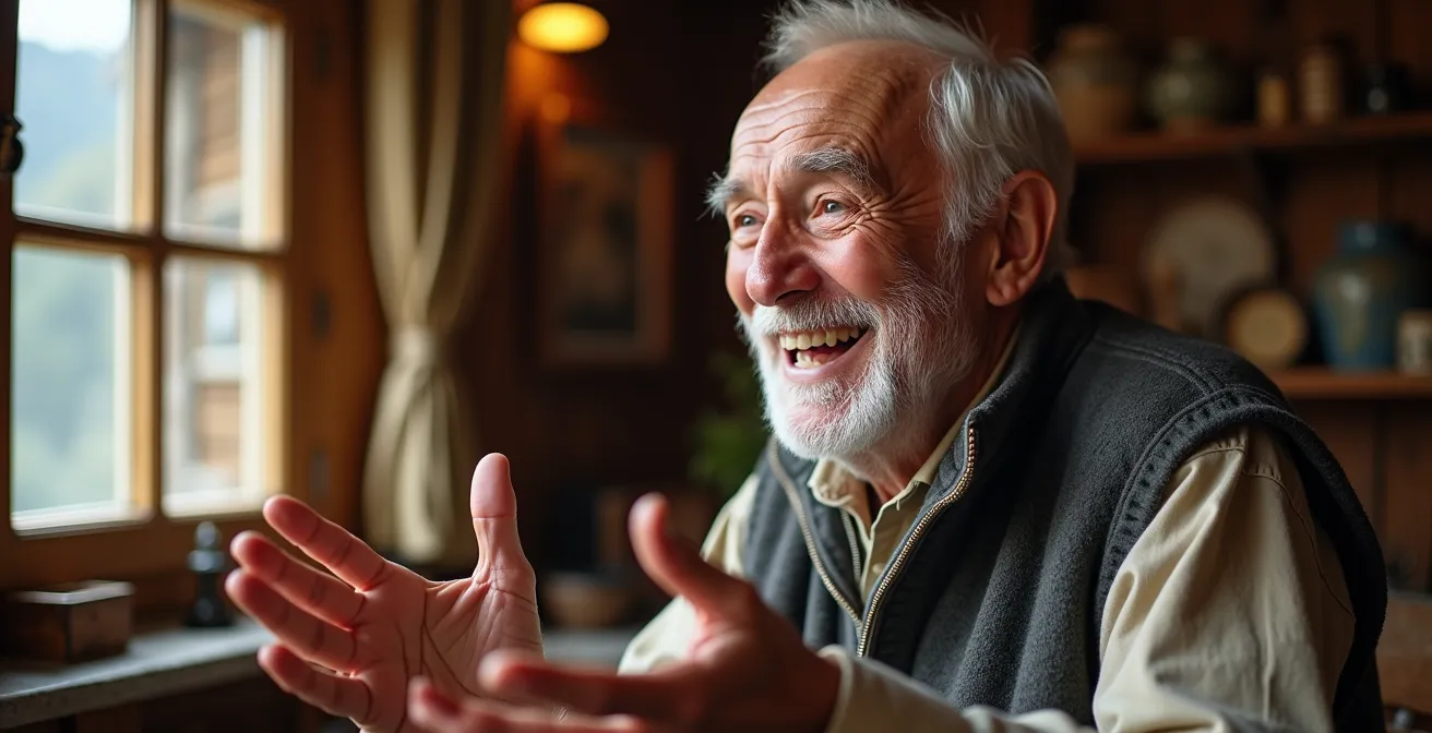 Portrait d'un ancien montagnard savoyard racontant une histoire avec des gestes expressifs