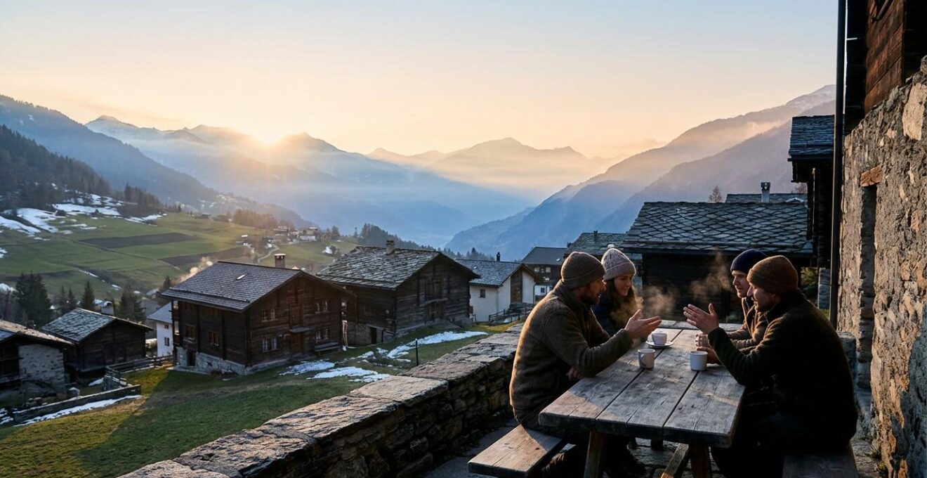 Village de montagne alpin au lever du soleil avec des habitants locaux prenant leur café matinal