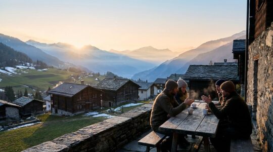 Village de montagne alpin au lever du soleil avec des habitants locaux prenant leur café matinal
