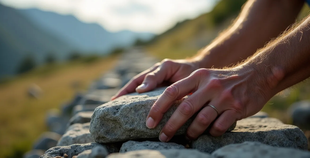 Mur de pierre sèche traditionnel avec végétation pionnière dans les interstices et jeu d'ombres créant un motif géométrique naturel