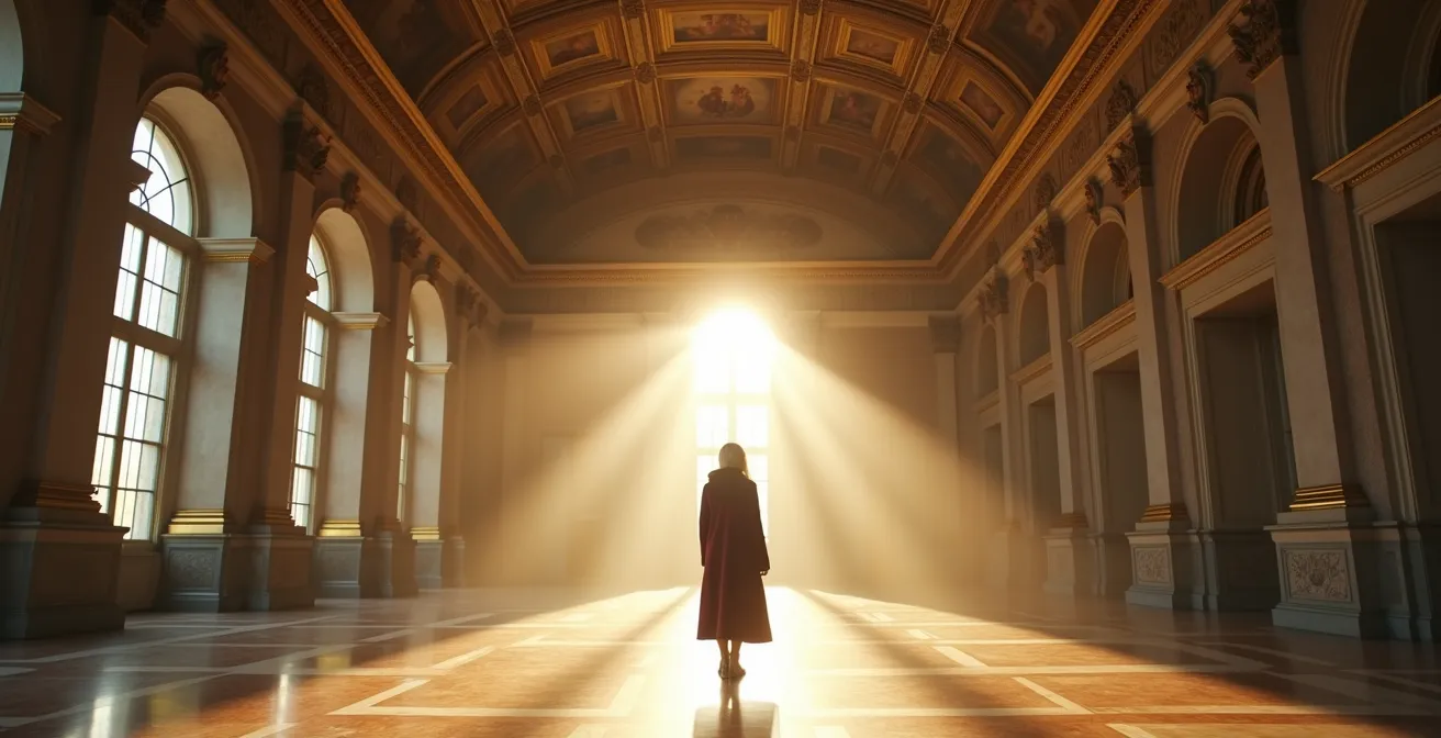 Intérieur baroque somptueux d'un palais impérial avec jeux de lumière dorée