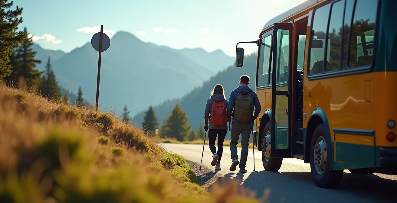 Groupe de randonneurs descendant d'une navette de montagne au départ d'un sentier avec équipement de randonnée